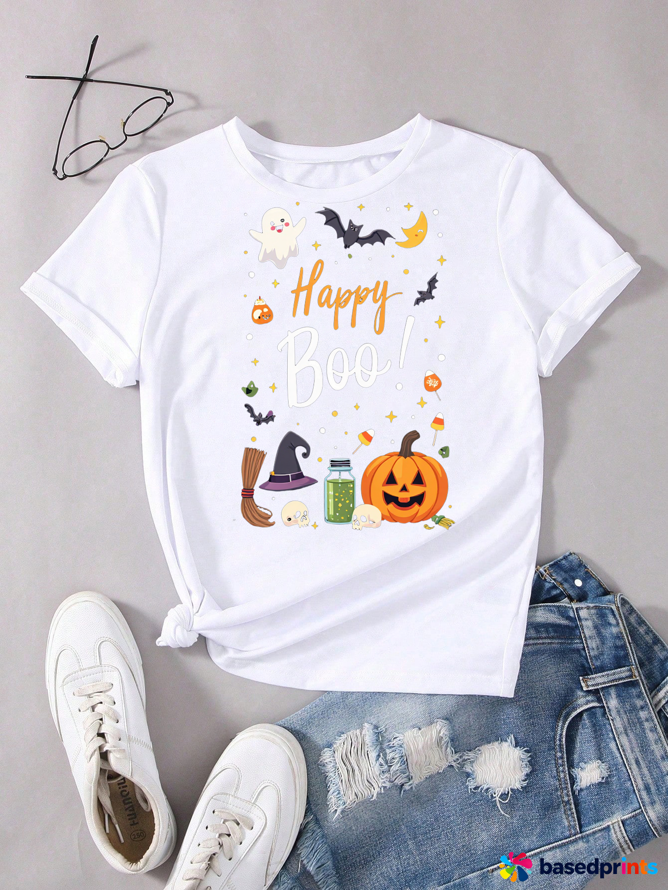 Happy Boo Halloween T-Shirt Cotton Short Sleeve Casual Tee