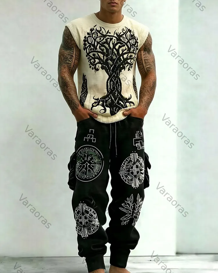 Men's Viking Summer Color-Blocked Sleeveless Long Pants Two-Piece Set 1554