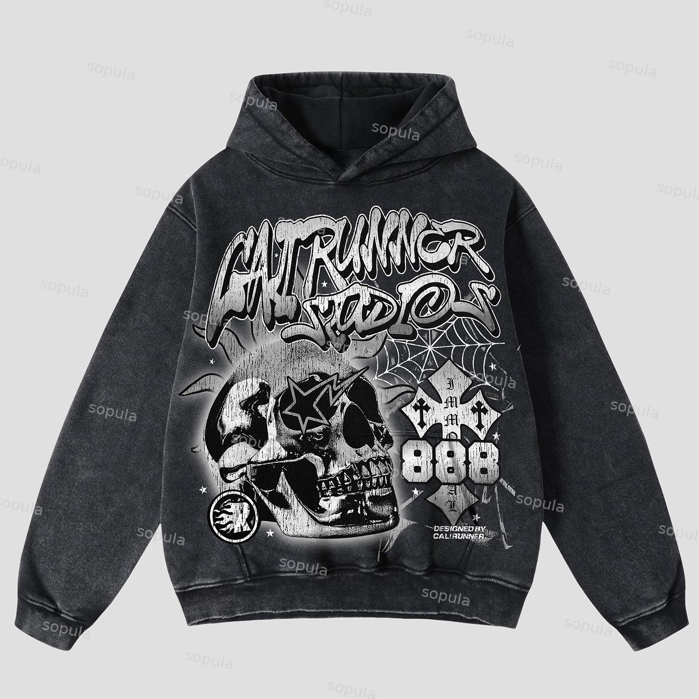 Vintage Flame Abstract Skull Graphic Acid Wash Oversized Hoodie