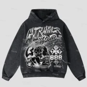 Vintage Flame Abstract Skull Graphic Acid Wash Oversized Hoodie