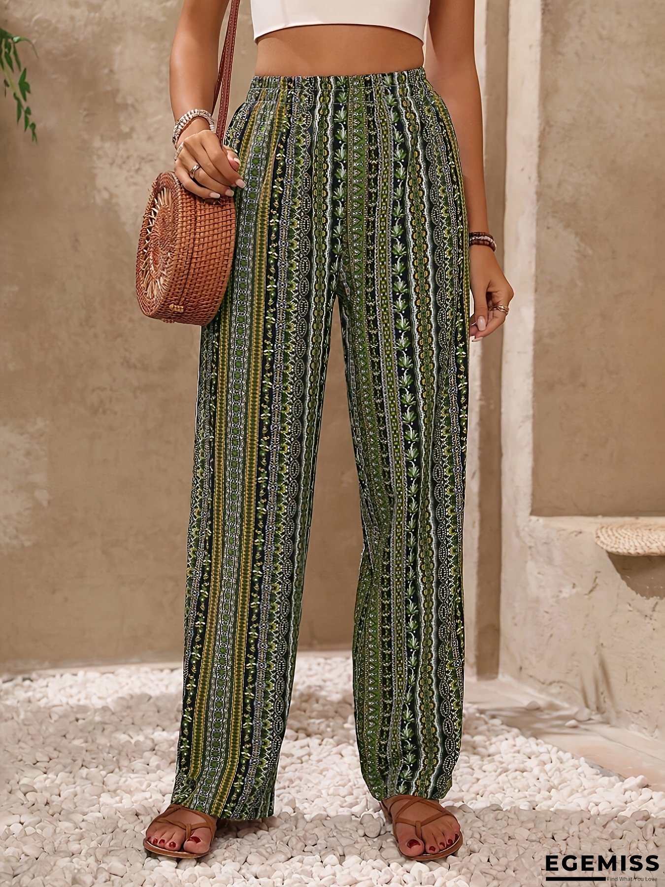 Women&lsquo;s Elegant Floral Print Wide-Leg Pants - Lightweight Straight-Leg Trousers with Elastic Waistband, Vibrant Green & Blue Floral Design, Perfect for Spring, Summer, and Fall, Casual & Formal Wear, Machine Washable, All-Season Comfort | EGEMISS