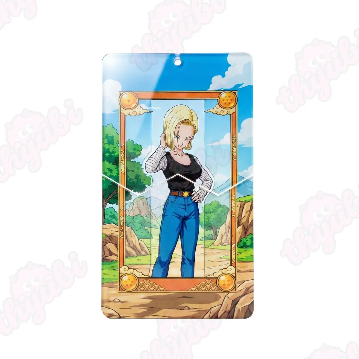 Sliding Pull-Tab Acrylic Keychain & Magnet &ndash; Blonde-Haired Anime Girl in Black Tank Top & Blue Jeans - thyubioffcial