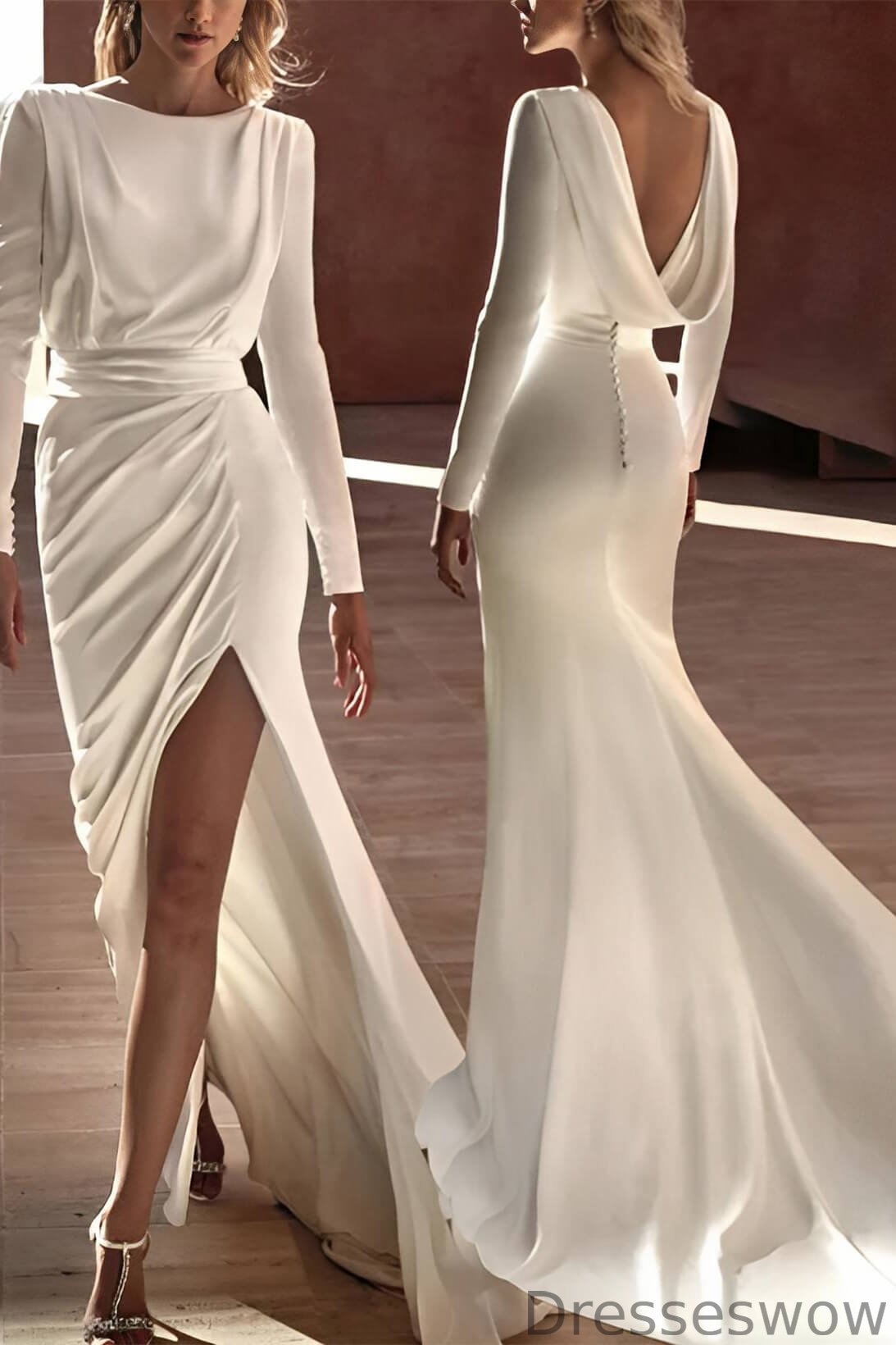 Dresseswow Dropped Back Long Sleeves Wedding Dress With High Slit