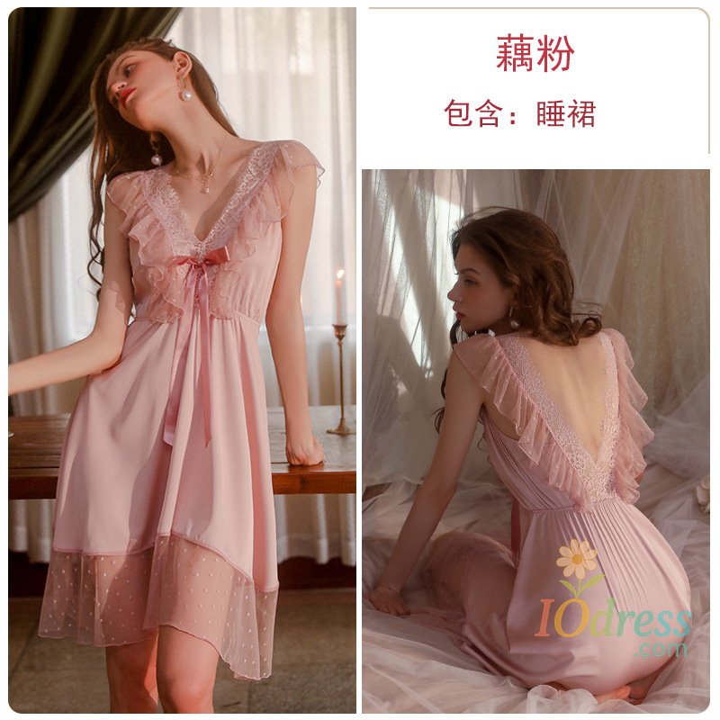 IO Dress Evening Pajamas Sexy Sleepwear Pure Flounces Ice Silk Lace Nightdress Night Gown Women Nightwear Nighty for Ladies Sleep Dress