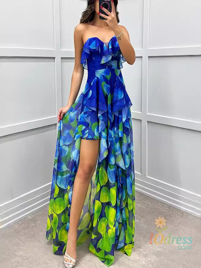 IO Dress Long Dress Women Strapless Dresses Ankle Length Sleeveless Vestidos Print Loose High Waist Casual Beach Summer Party Night Club IO Dress
