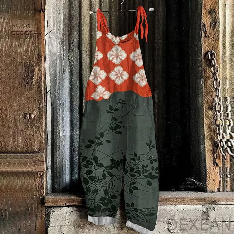 Japanese Art Flower Print Casual Jumpsuit
