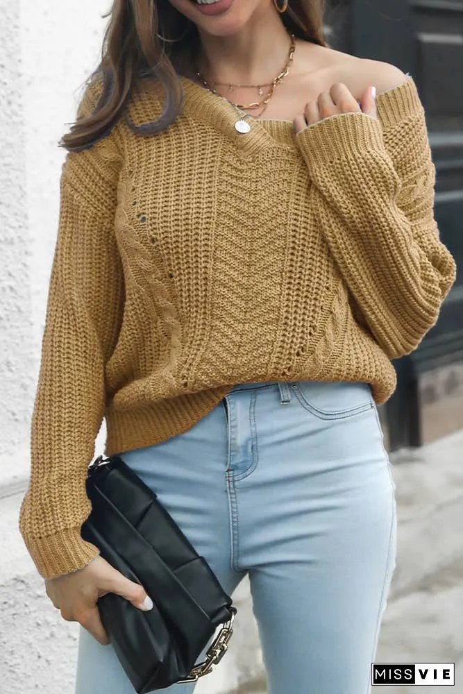 Cable Knit Hollow V Neck Sweater BS033
