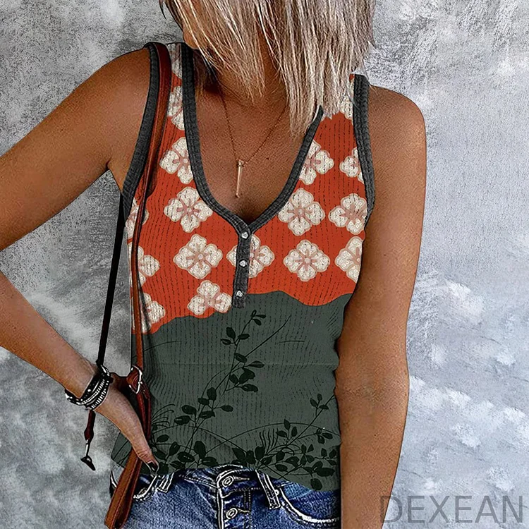 Japanese Art Flower Print V-Neck Casual Tank Top