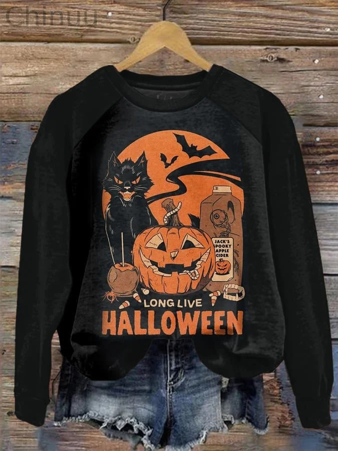 Women's Halloween Black Cat Print Crewneck Sweatshirt 