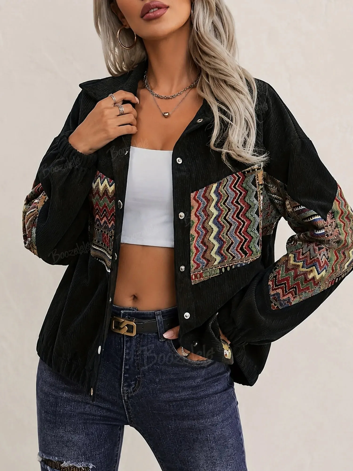 Ideal For A Cozy Autumn Ranch Getaway &mdash; Women'S 2026 Fall Black Southwestern Tribal Patchwork Button-Down Shacket Jacket