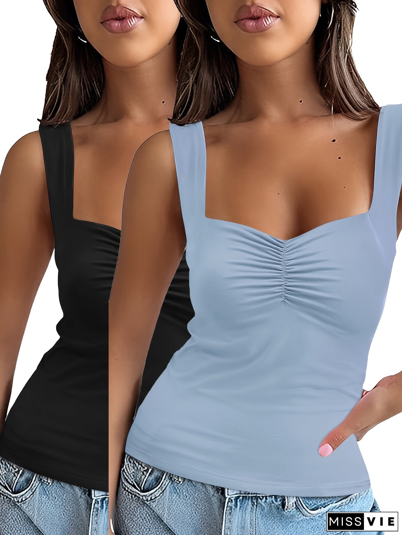 2pcs Women's Summer Sweetheart Neck Sleeveless Tank Top, Strappy Backless Y2k Casual Basic Cami Shirt, Lightweight, Breathable, Soft Fabric, Perfect For Hot Weather, Beach Days, Vacation, Casual Outings, And Everyday Wear