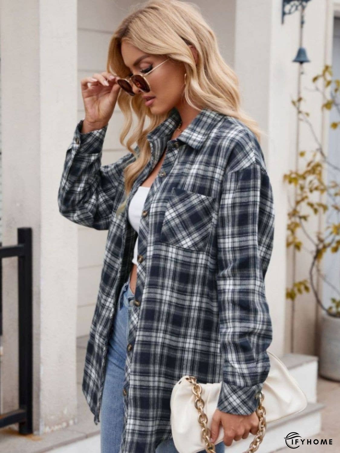 Pocketed Plaid Collared Neck Long Sleeve Shirt | IFYHOME
