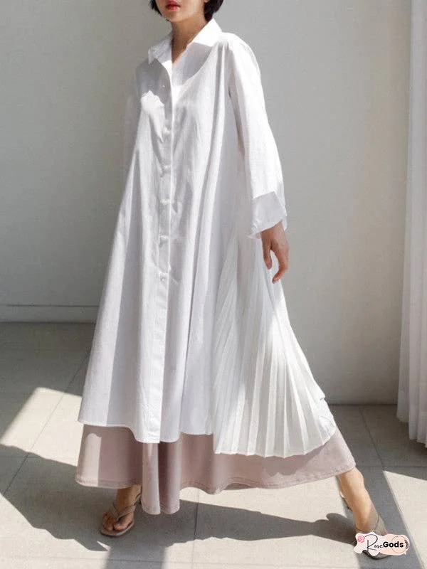 Loose Over Knee Pleated Ruffled Collar Solid Color Dress