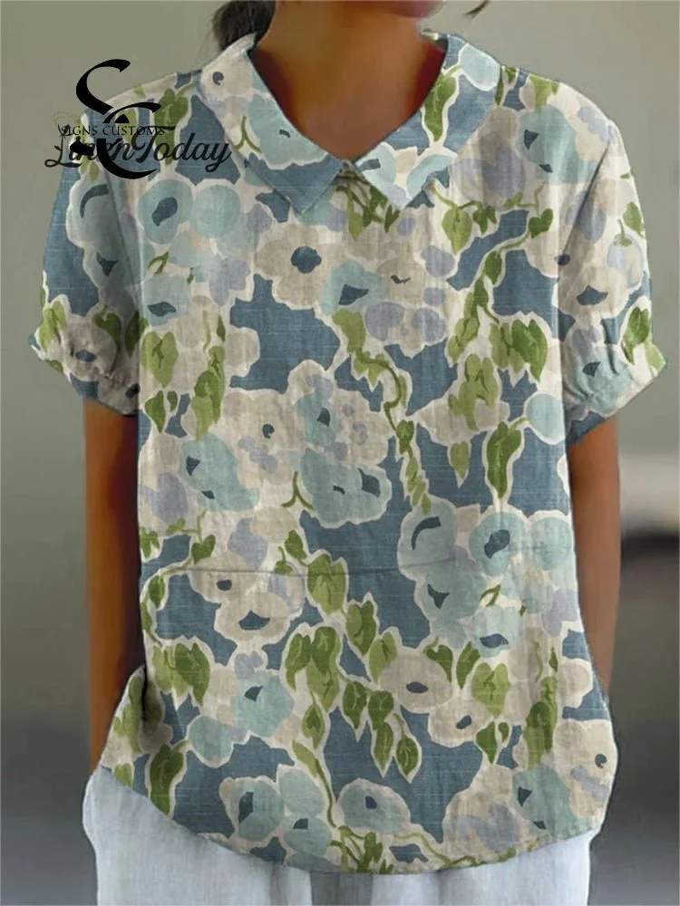 Women's Vintage Floral Art Print Casual Cotton And Linen Shirt