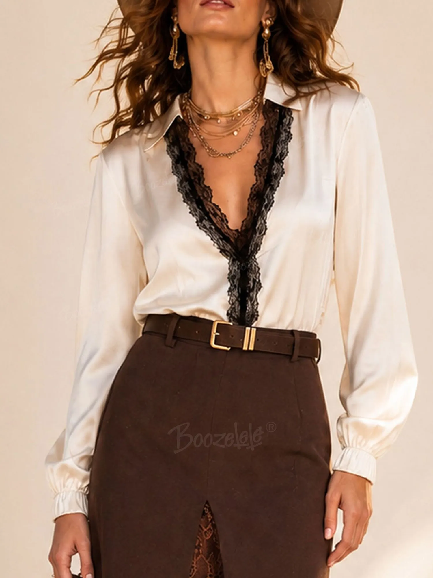 Perfect for Upscale Western Social Dinners &mdash; Champagne, Black Lace Patchwork, Premium Satin, 2026 Spring/Autumn Women&rsquo;s Chic Shirt