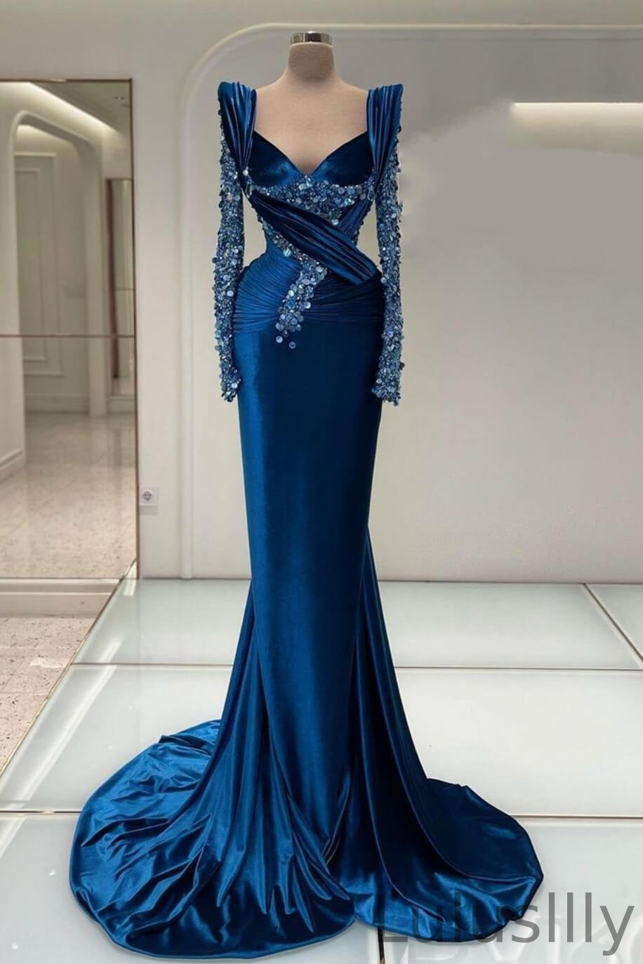 Classy Dark Blue Long Sleeves V-Neck Mermaid Evening Gown With Sequins - lulusllly