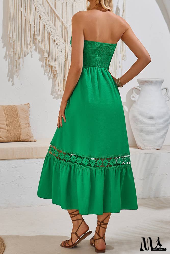 Spring Plain Strapless Smocked Buttoned Maxi Dress SN355