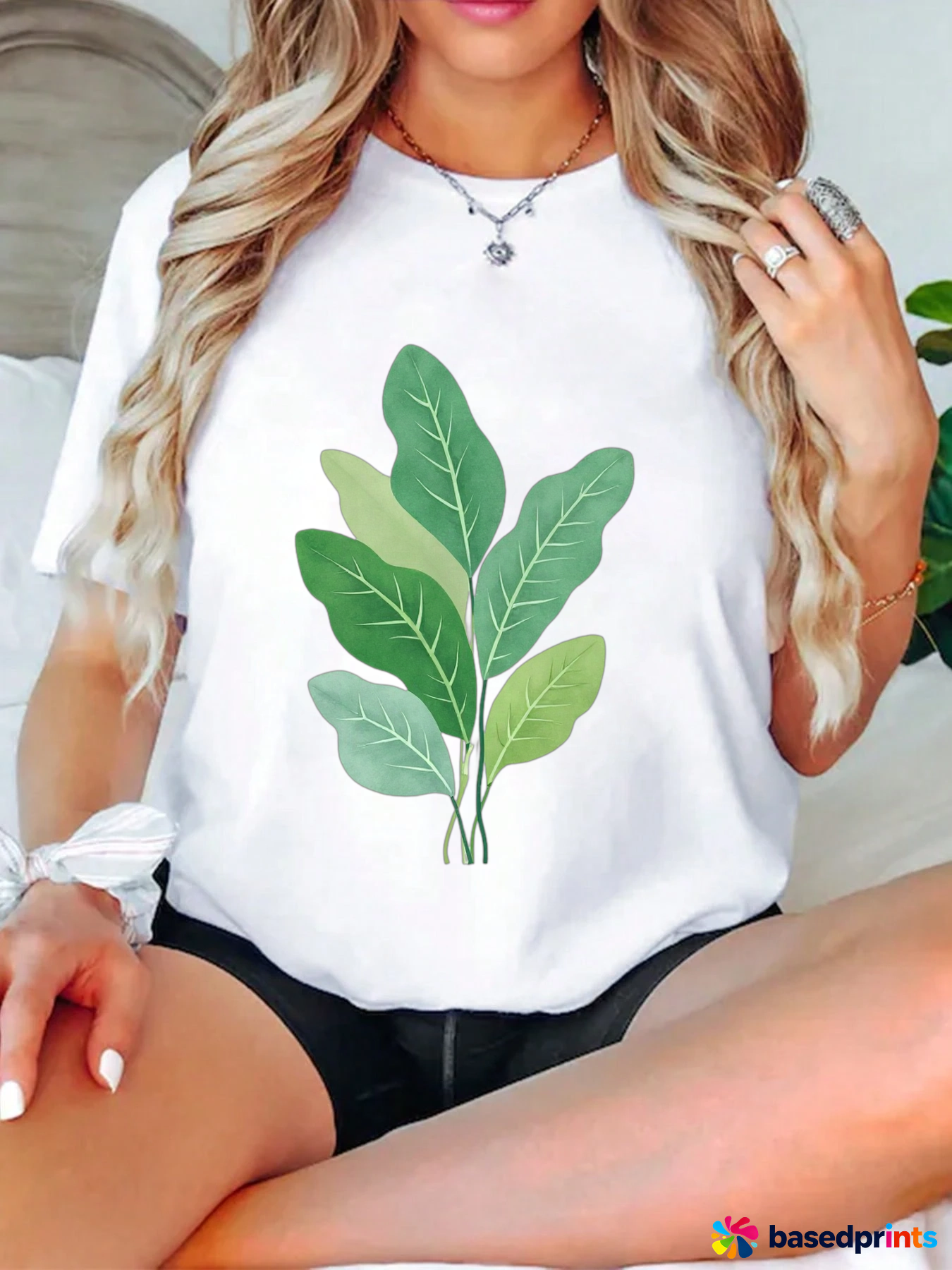 White Leaf Print Short Sleeve T-Shirt