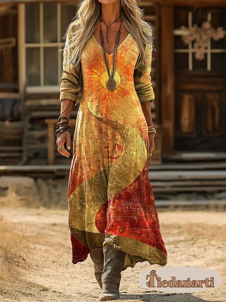 Women's Vintage Ethnic Sun Art Prints Elegant V-neck Long Sleeve Pocket Cotton Dresses