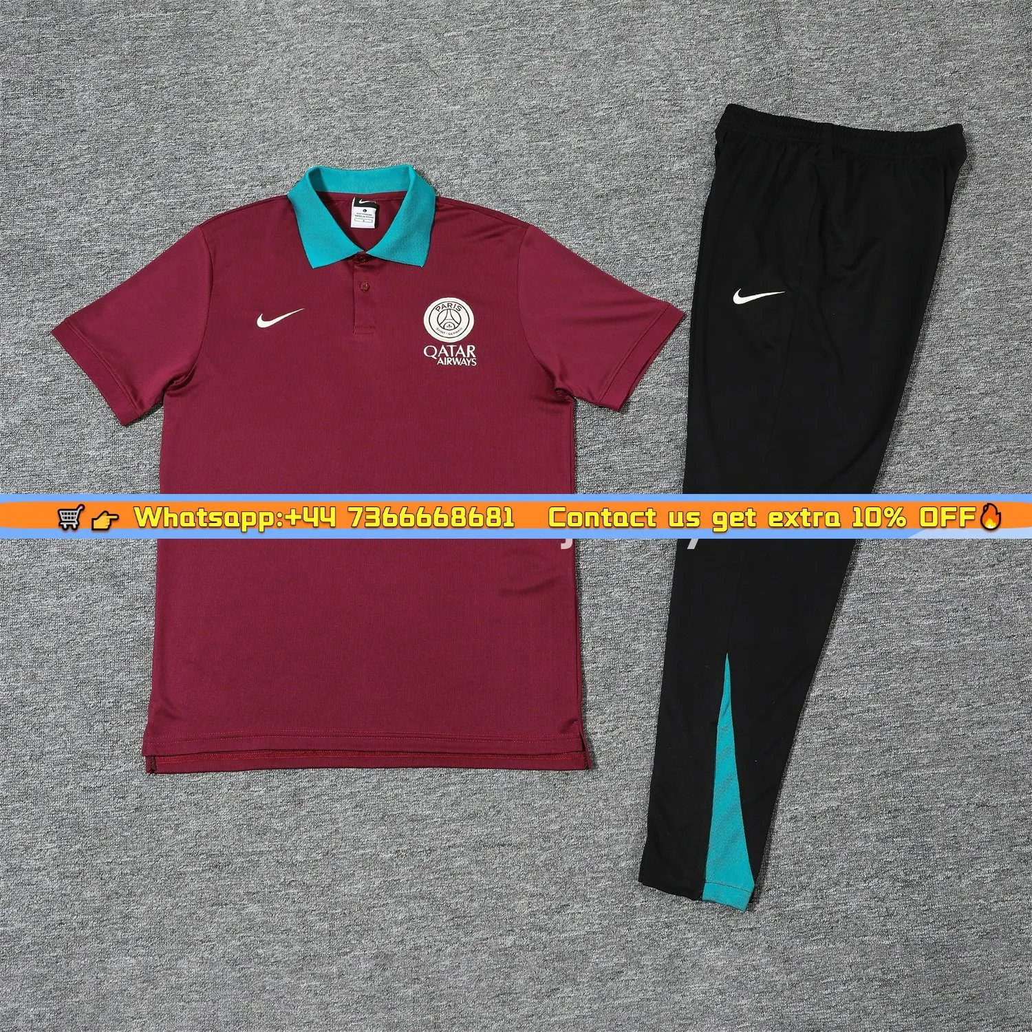 Paris Saint-Germain PSG 25-26 POLO Short-Sleeve Training Set - Deep Red Top and Black Pants