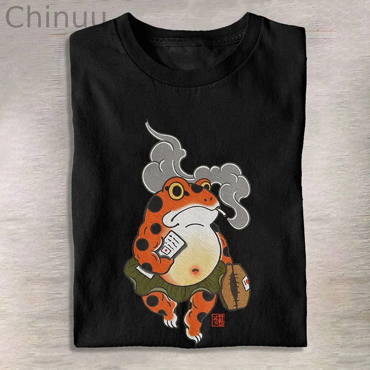 Japanese Funny Smoking Frog Print T-shirt