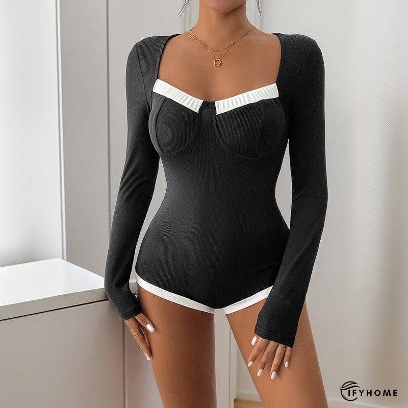 Long Sleeve Color Block Knitted High Elasticity Jumpsuit | IFYHOME