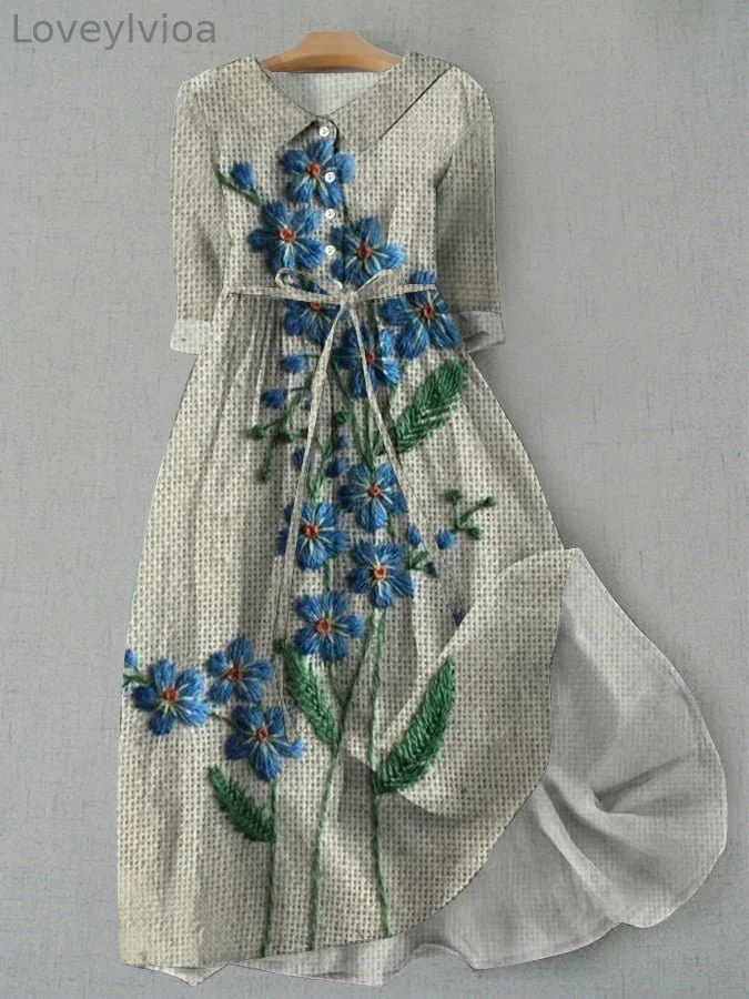 Women's Vintage Botanical Floral Design Lace Up Pocket Dress