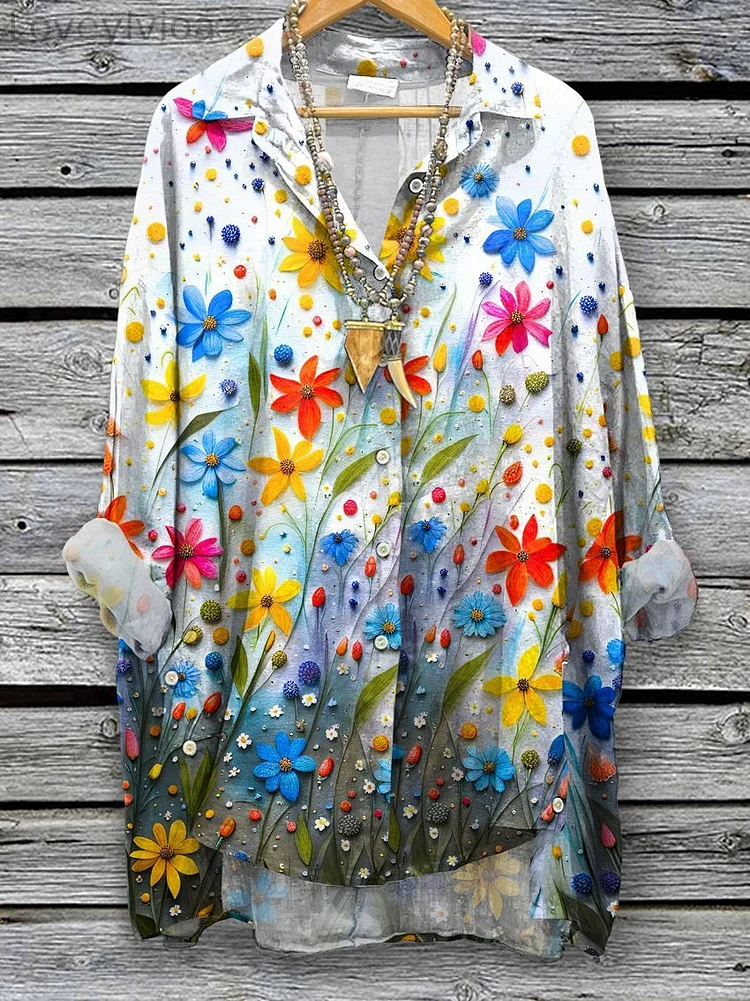 Women's Spring Flowers Art Print Casual Cotton And Linen Shirt