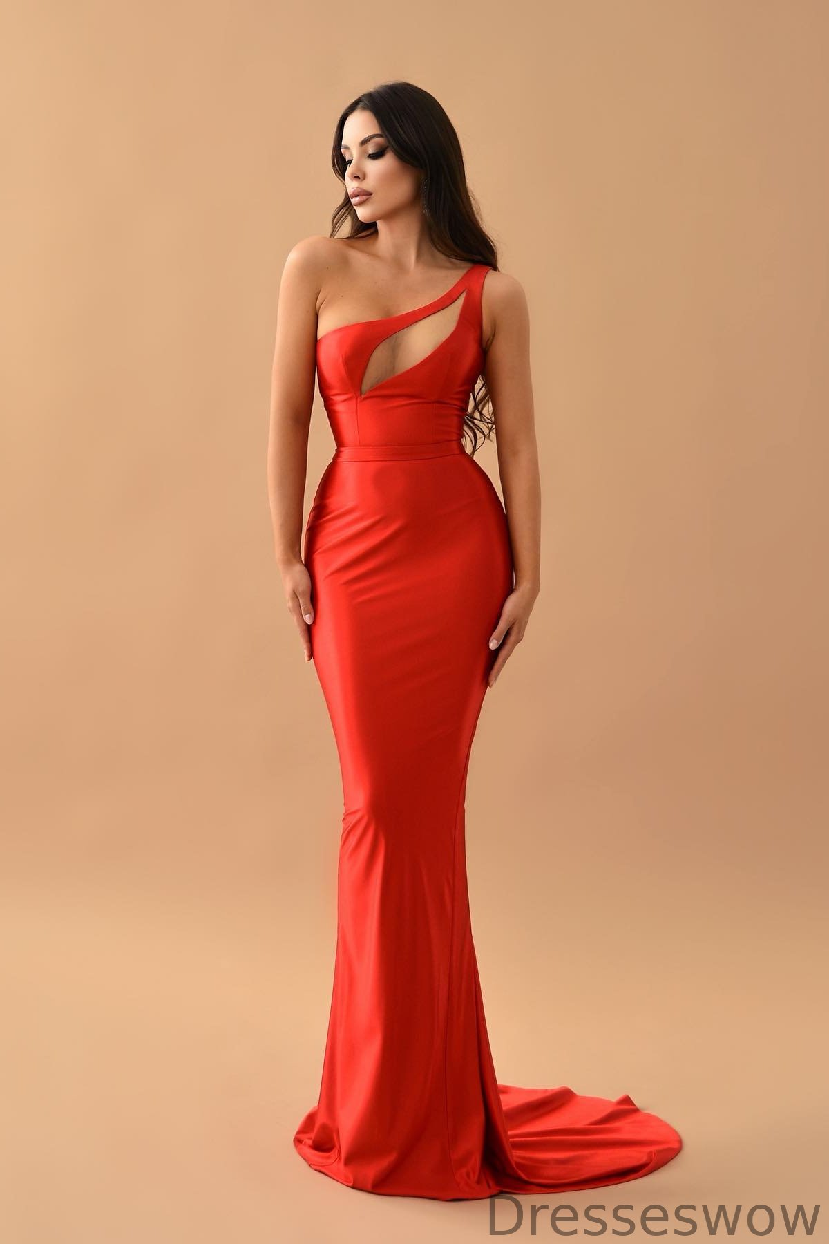 Dresseswow Red One Shoulder Sleeveless Mermaid Prom Dress On Sale Long