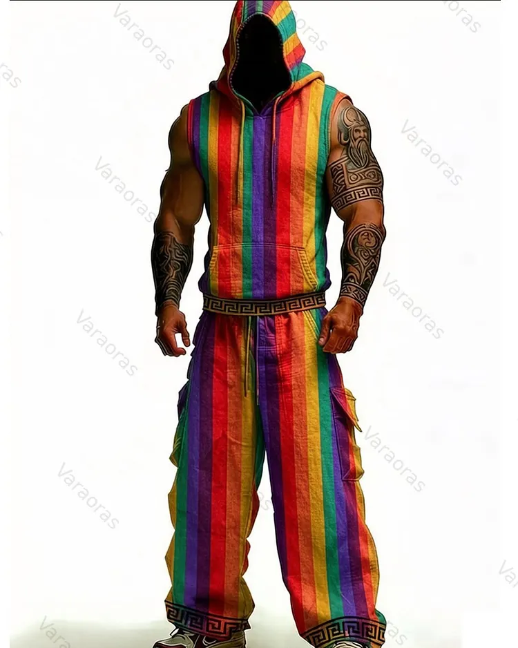 Men's Summer Fashion Rainbow Color Block Linen Hoodie & Pants Two-Piece Set 6319