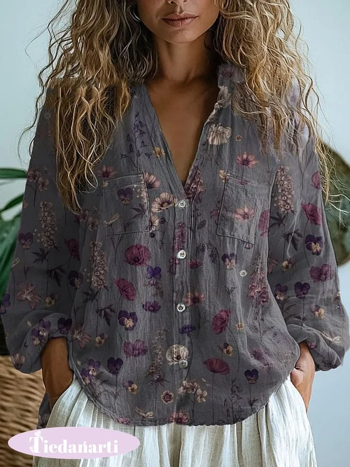 Women's  Retro Floral Art Print Casual Long Sleeve Comfortable Cotton Shirt