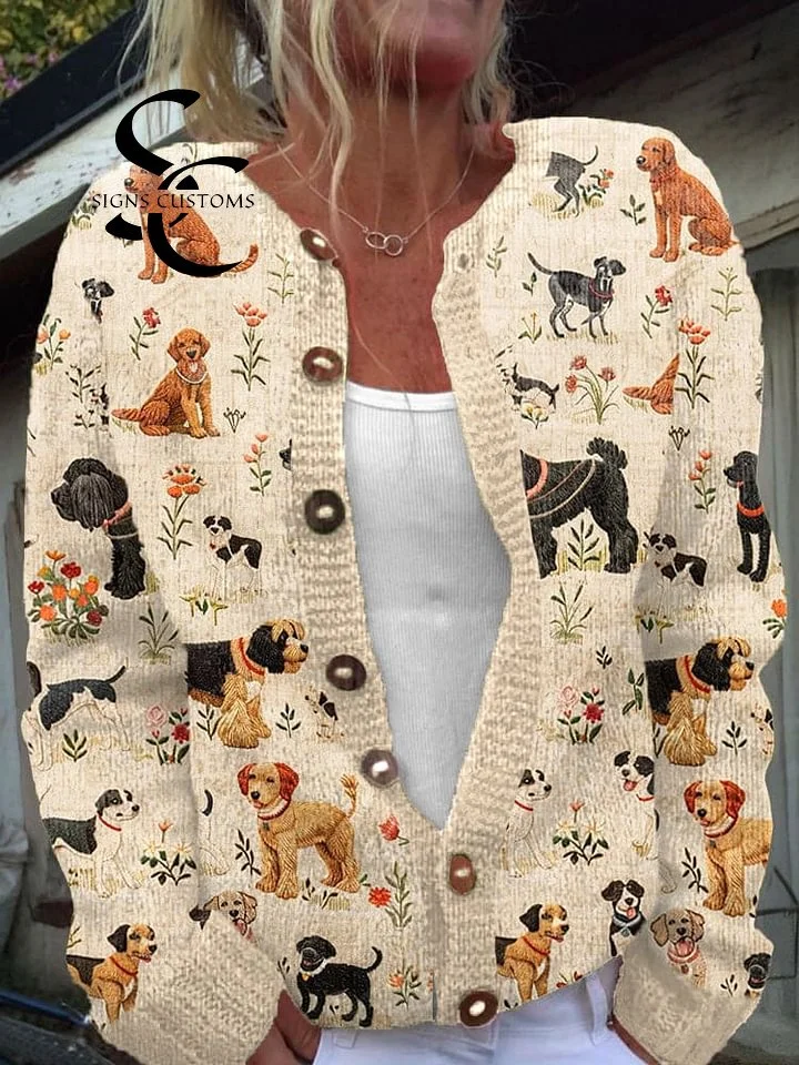 Women&rsquo;s Floral Cardigan with a Dog Pattern for a Cozy Look