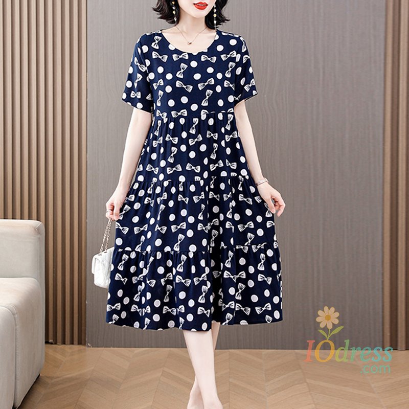 IO Dress 2024 New Style Women Plus Size Dress Vintage Casual O-Neck Elegent A-Line Robe Femme Short Sleeve Vestido Print Summer dresses