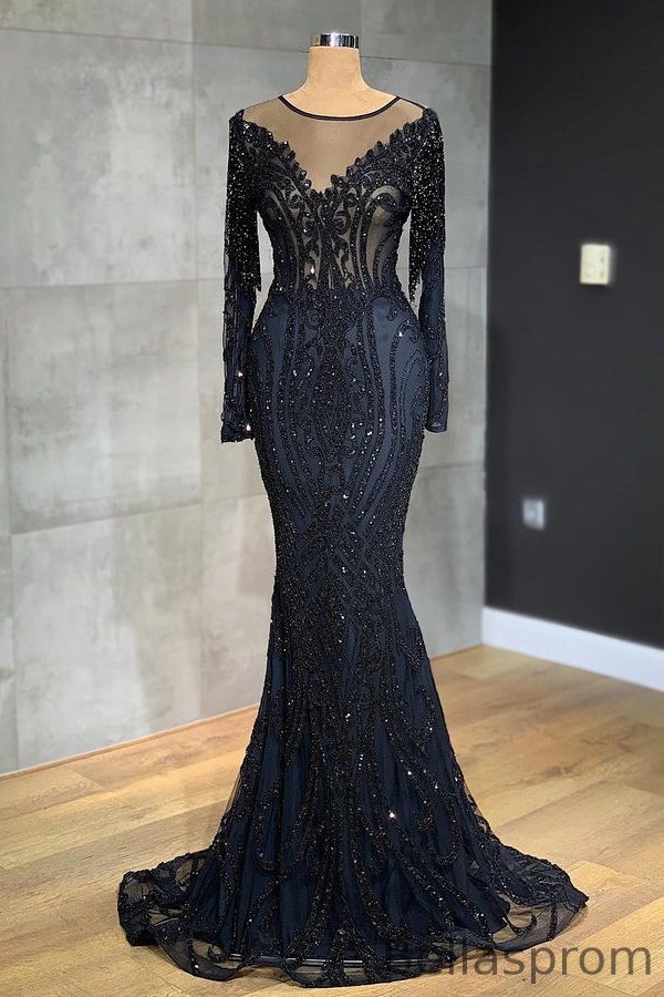 Bellasprom Dark Navy Long Sleeves Mermaid Evening Dress Scoop With Sequins Beads Bellasprom