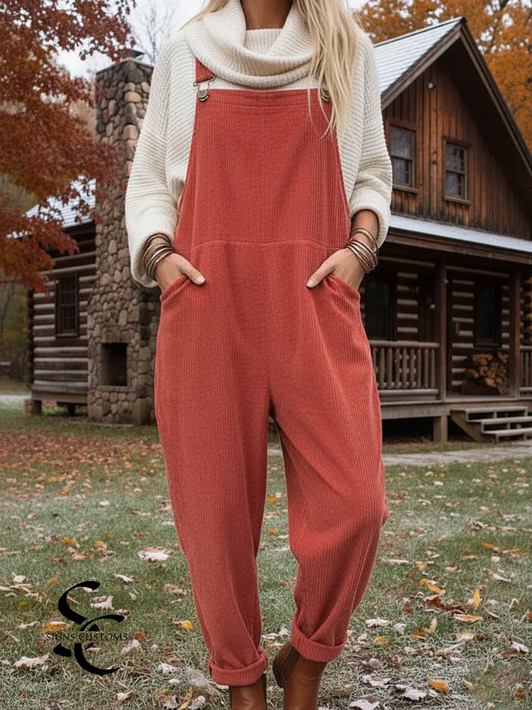 Women's Casual Solid Color Loose Corduroy Overalls Jumpsuit