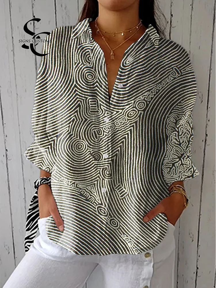 Women's Retro Abstract Lines Texture Art Print Casual Linen V-neck Shirt