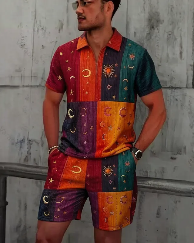 Men's Summer Outdoor Fashion Hippie Star and Moon Embroidered Rainbow Patchwork Top and Shorts Two-Piece Set 6966