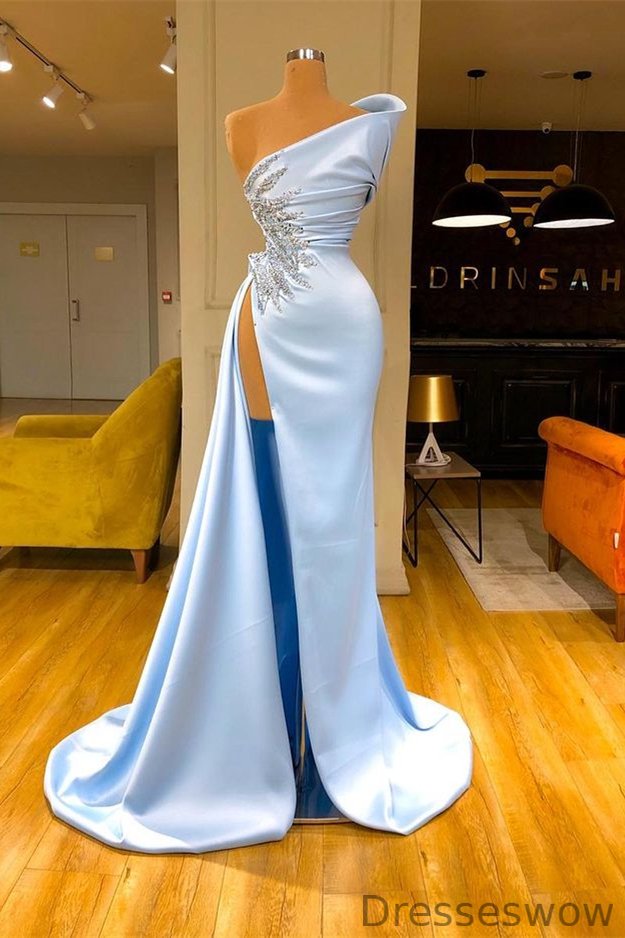 Dresseswow Sky Blue Mermaid Evening Dress Long Split With Beads