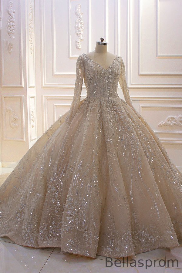 Bellasprom Classy Long Sleeves V-Neck Ball Gown Wedding Dresses With Sequins Beading Ruffles Bellasprom