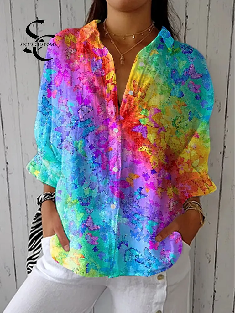 Women's Fashion Colorful Butterfly Art Print Casual Linen V-neck Shirt