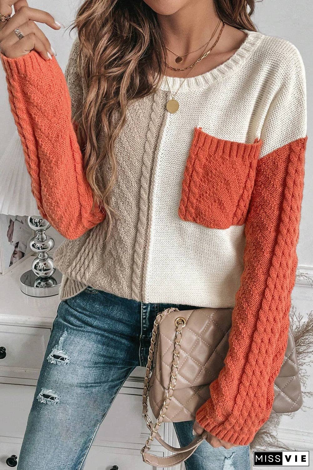 Colorblock Cable Patch Pocket Sweater