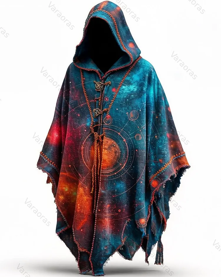 Men's Fashion Star and Moon Print Gradient Color Linen Hooded Cape 1150