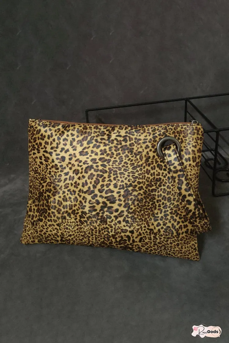 Leopard PU Leather Clutch - Flat Lay Style