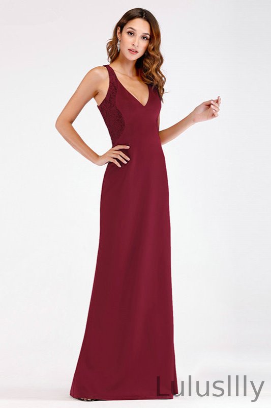 Elegant V-neck Burgundy Mermaid Lace Evening Gowns - lulusllly