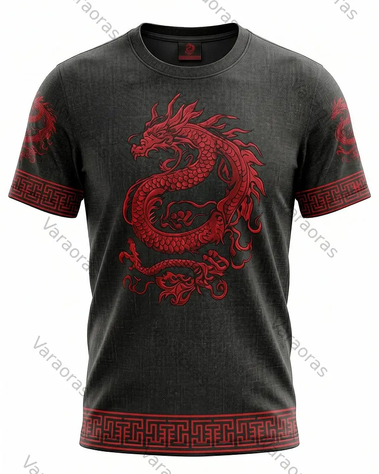 Men's Fashionable Viking Contrast Color Red Dragon Print T-shirt 2504