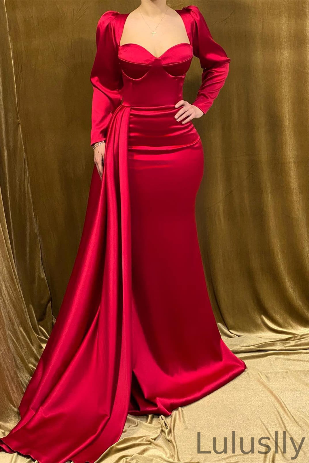 Luluslly Red Sweetheart Long Sleeves Mermaid Prom Dresses With Ruffles Online