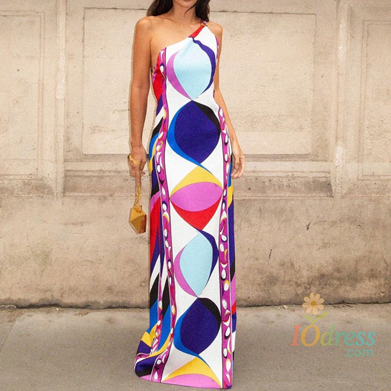 IO Dress Fashion Metallic Button Design Holiday Dress Women Elegant Pattern Print Party Dress Sexy Slant Neck Sleeveless Waist Long Dress