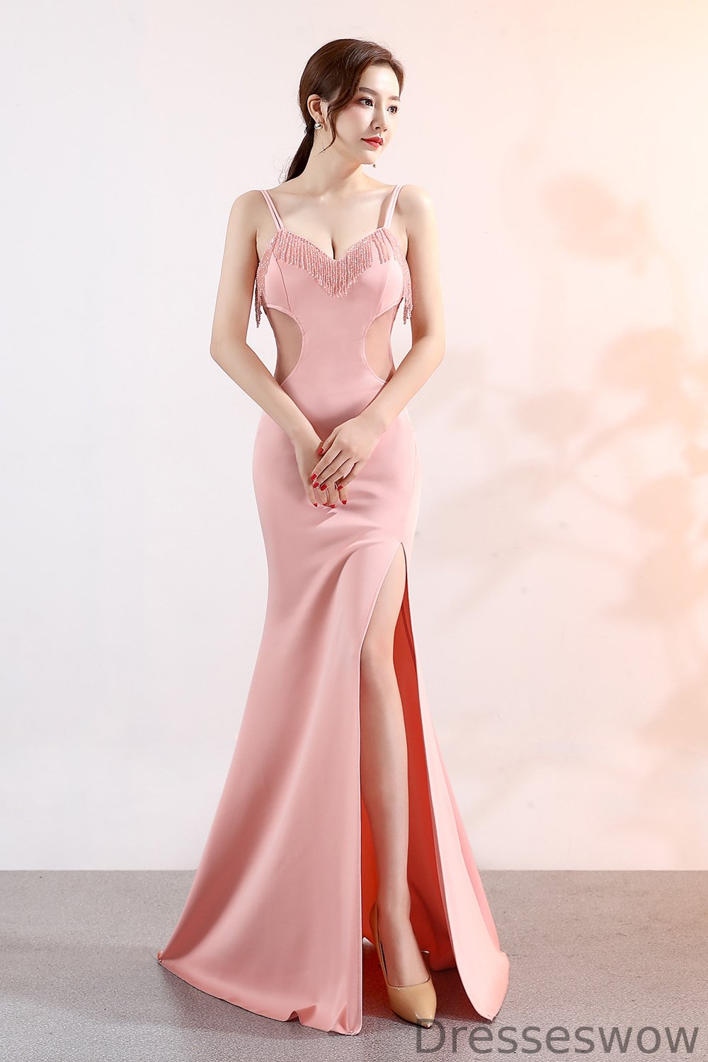 Dresseswow Spaghetti-Straps V-Neck Evening Dress Mermaid Long With Tassels Split YE0109