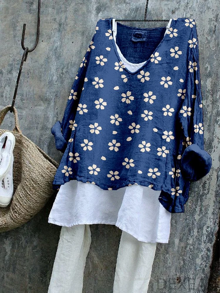 Japanese Sakura Pattern Linen Blend Flowy Tunic
