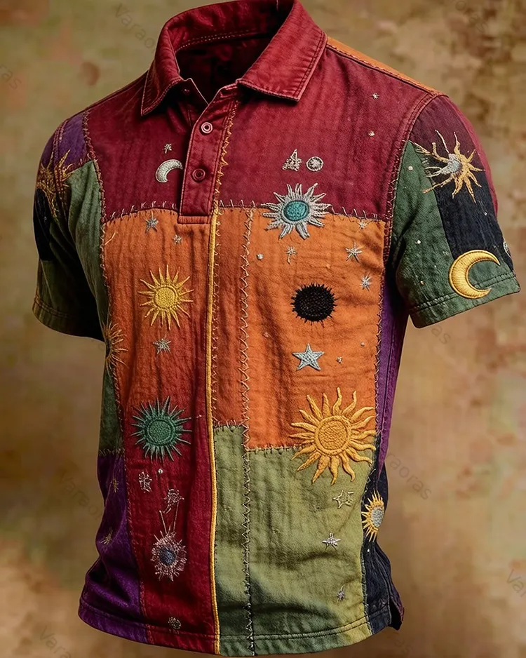 Men's Summer Outdoor Fashion Star Embroidery Color Block Polo Shirt  8382